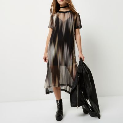 Petite black print mesh overlay dress